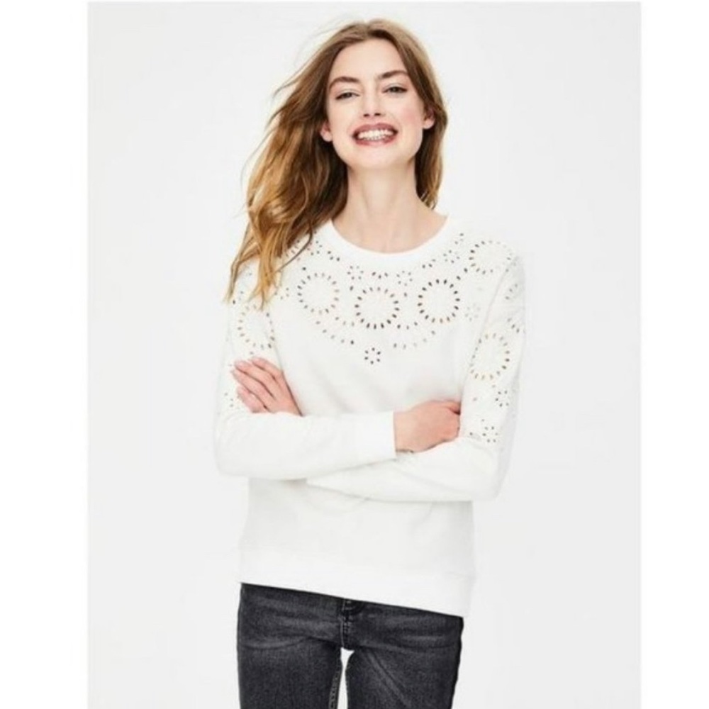Boden Arabella Eyelet Sweatshirt Women’s Large Cream/White soft fleece